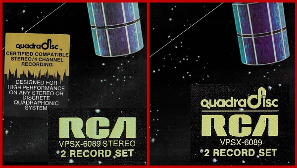 Scans of a quadraphonic LP by RCA. The above scans show enlarged logos showing the original STEREO logo on the left, and the later pressings without STEREO and the standard Quadradisc logo.